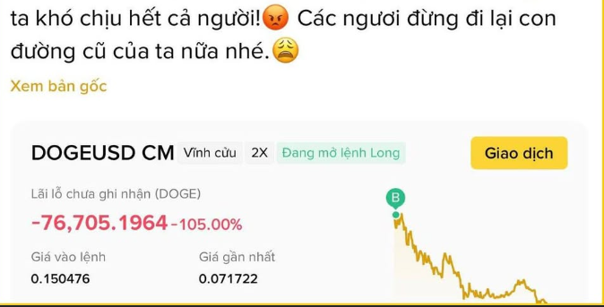 A Binance trading screenshot showing a DOGEUSD perpetual long position with an unrealized loss of -76,705.1964 DOGE (-105.00%), with Vietnamese text joking "Can't handle it all, don't come back to my old path again."