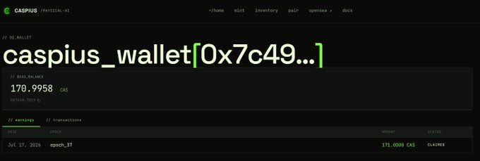 A Caspius physical-AI dashboard shows wallet "caspius_wallet[0x7c49...]" holding a balance of 170.9958 CAS, with an earnings table entry dated July 17, 2026 for epoch_17 crediting 171.0000 CAS as claimed—matching the post's claim of earning 171 CAS from a short video task.