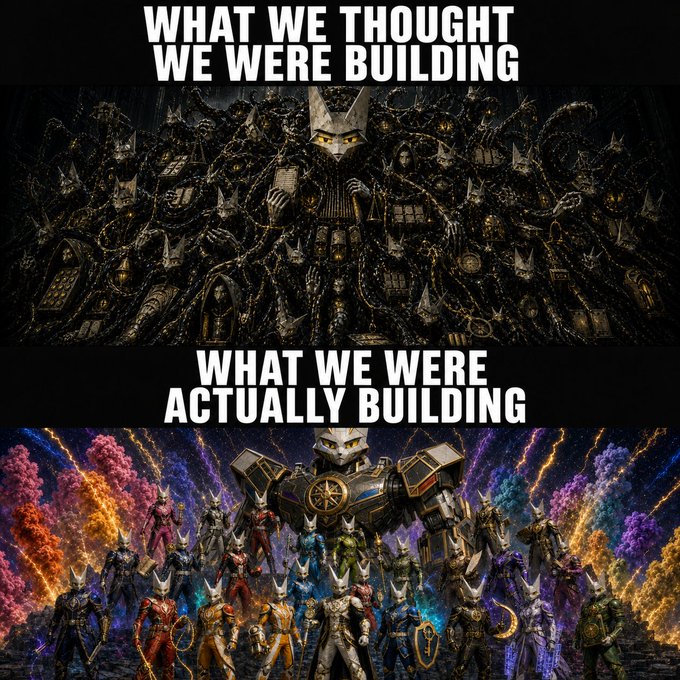 A meme contrasting "what we thought we were building" with "what we were actually building," juxtaposing a Lovecraftian cosmic horror creature (top) with a colorful lineup of armored warriors behind a giant mech (bottom), humorously illustrating how Wildcat Labs' crypto research AI agent called Shoggoth actually became a powerful tool for protocol investigation and code shipping.