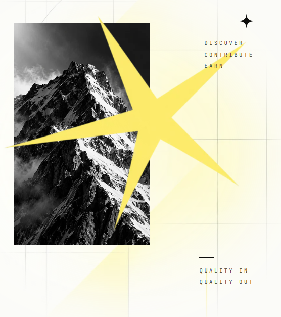 A stylized poster features a black-and-white mountain photograph overlaid with a large yellow compass star, accompanied by the text "DISCOVER, CONTRIBUTE, EARN" and "QUALITY IN QUALITY OUT." The imagery of a sharp peak and navigational star reinforces the post's message about curating quality projects in Web3 amid overwhelming information, suggesting Rarelist serves as a compass to help users find direction through the noise.