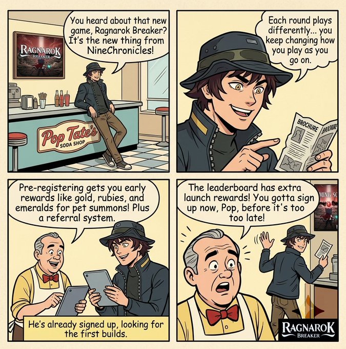 The image features a cartoon strip with three panels depicting different characters engaged in various activities at a bar or restaurant. The first panel shows a man sitting at the bar, while the second panel depicts him standing behind the counter. The third panel shows another man seated at the bar and reading a newspaper. The post is about a new game called @RagnarokBreaker from @NineChronicles and how it's different from previous games in terms of gameplay mechanics.