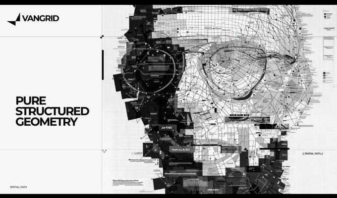 A VanGrid graphic showcases 'Pure Structured Geometry' with an abstract portrait design composed of fragmented black and white geometric blocks and mesh lines.
