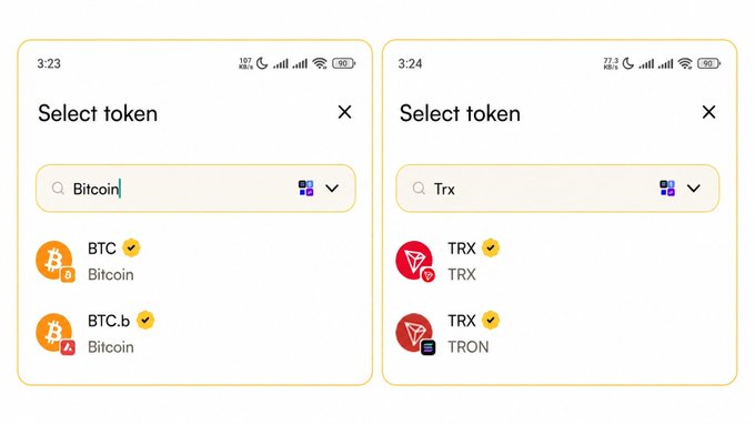Two mobile screenshots show a 'Select token' interface, with the left displaying BTC/Bitcoin options and the right displaying TRX/TRON options.