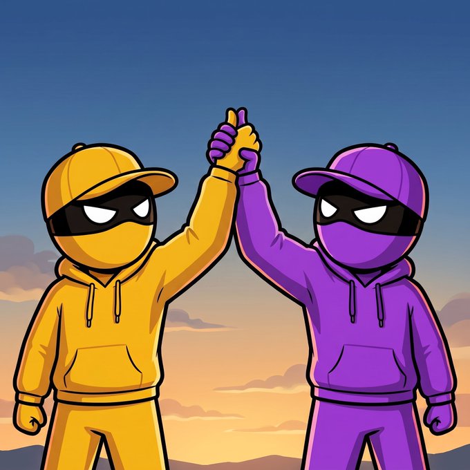 An illustration of two cartoon figures in yellow and purple hoodies and masks giving each other a high-five against a sunset sky background.
