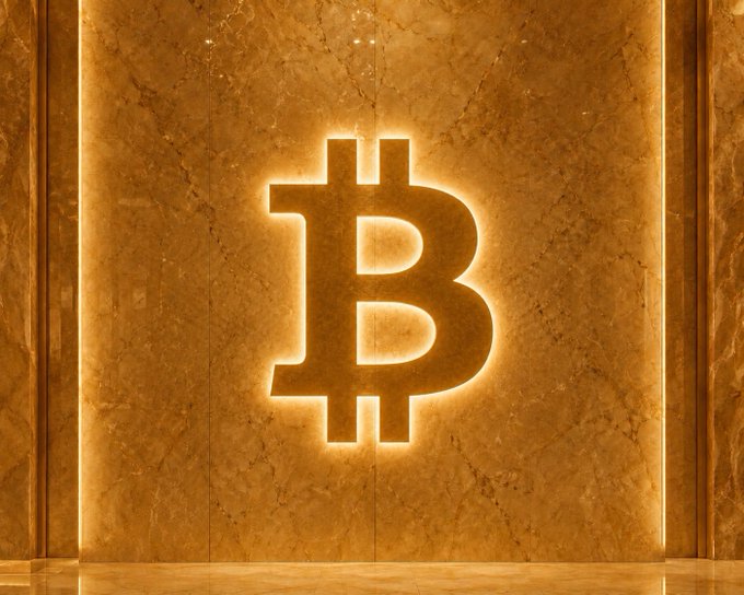 An illuminated Bitcoin (₿) symbol glows warmly against a polished golden marble wall in an elegant, luxurious setting.
