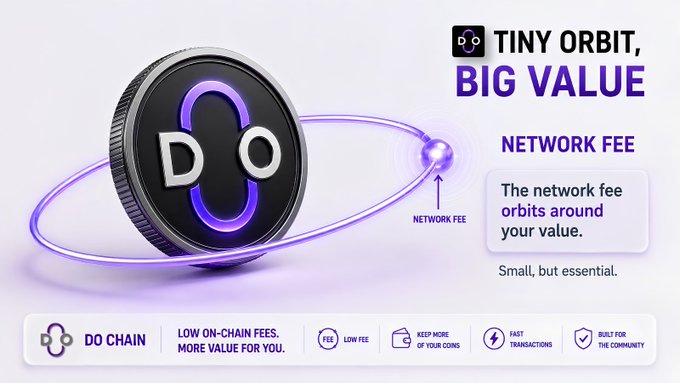 A promotional graphic for 'DO CHAIN' featuring a 3D coin labeled 'DO' with a glowing purple orbital ring, advertising 'TINY ORBIT, BIG VALUE' and low network fees.