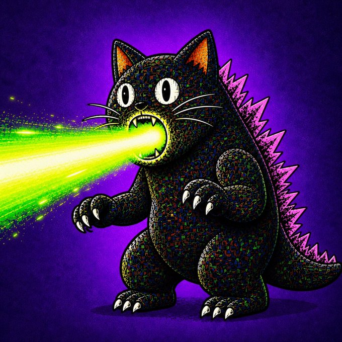 An illustration of a Godzilla-like black cat monster with colorful pixelated texture and pink dorsal fins, breathing a bright green laser beam from its open mouth against a purple background.