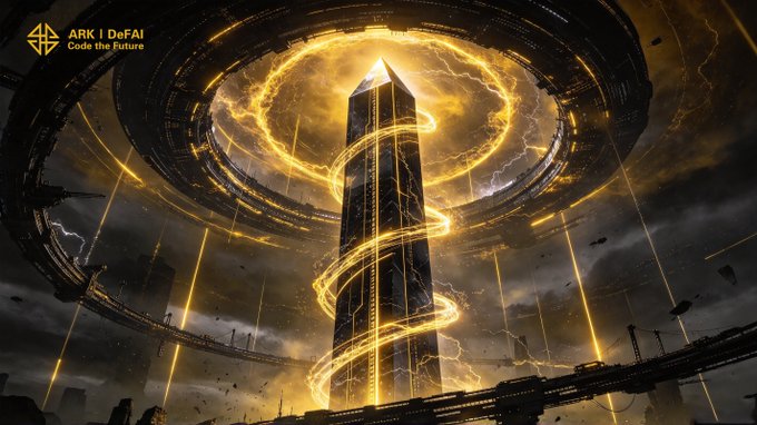 A dramatic black-and-gold digital artwork shows a tall tower wrapped in glowing energy beneath a futuristic circular structure amid storm clouds and falling light beams. The upper-left logo reads “ARK | DeFAI” and “Code the Future,” reinforcing the post’s message that ARK is staying focused on building and shipping steadily despite crypto-market volatility caused by oil and macroeconomic headlines.