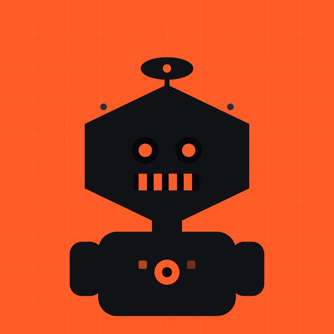 A bold, minimalist black robot illustration with an antenna, glowing orange eyes, and a camera-like base is centered on a vibrant orange background, visually promoting the "Hype Robots" NFT mint event mentioned in the post.