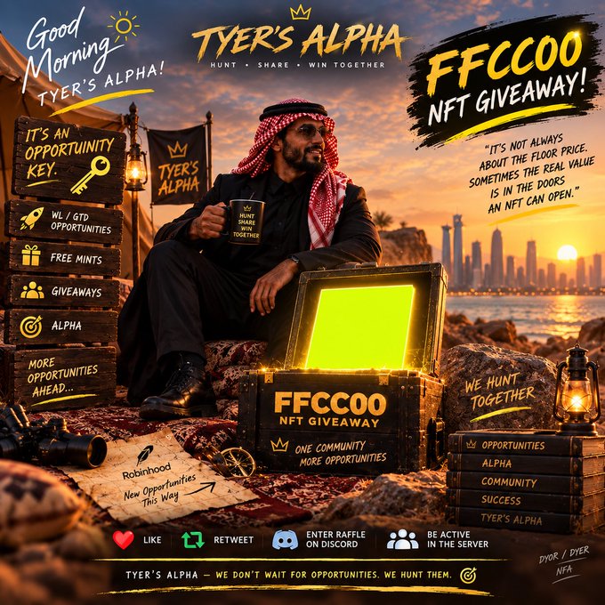 A promotional graphic titled 'TYER'S ALPHA' with the tagline 'HUNT • SHARE • WIN TOGETHER' advertises an 'FFCCOO NFT GIVEAWAY!' featuring a man in traditional Arab headwear holding a mug, with a treasure chest and text reading 'IT'S AN OPPORTUNITY KEY' and 'WE DON'T WAIT FOR OPPORTUNITIES. WE HUNT THEM.'