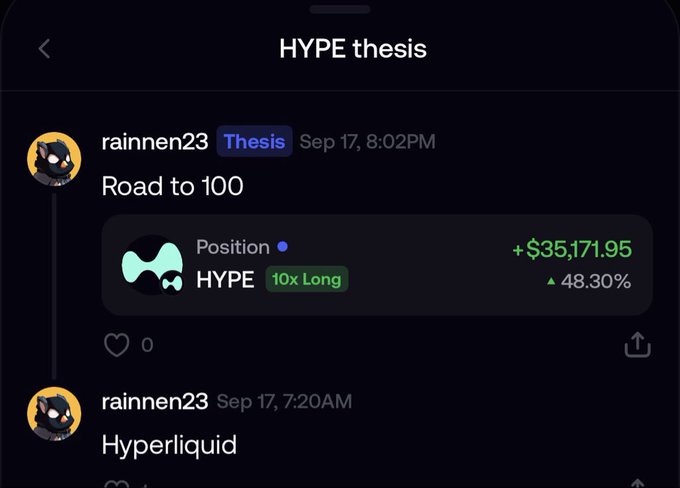 A mobile app screenshot showing a 'HYPE thesis' feed where user 'rainnen23' posted about 'Road to 100' with a HYPE 10x Long position showing a gain of +$35,171.95 (48.30%).