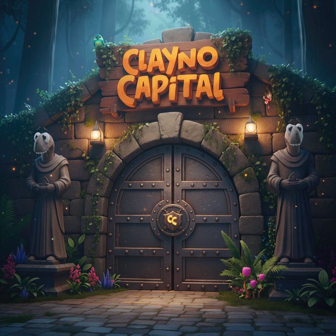 A 3D-rendered fantasy scene showing a large stone gateway with iron doors, flanked by statues, in a forest setting, with a wooden sign above reading 'CLAYNO CAPITAL'.