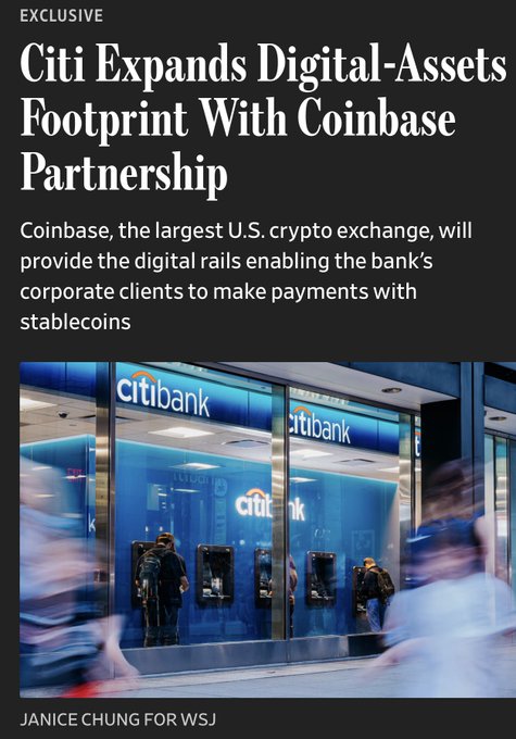 A Wall Street Journal exclusive headline reads "Citi Expands Digital-Assets Footprint With Coinbase Partnership," announcing that Coinbase will provide stablecoin payment rails for Citi's corporate clients. Below the headline is a photograph of a Citibank branch interior, with motion-blurred pedestrians passing by the ATMs, visually anchoring the article's theme of a traditional bank embracing digital-asset infrastructure.