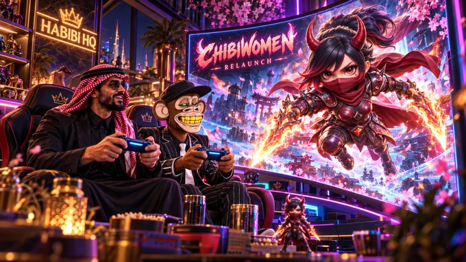 Stylized illustration showing two figures (one in Arab headdress, one as a monkey) playing video games in front of a large screen advertising 'CHIBIWOMEN RELAUNCH' with a horned anime warrior character.