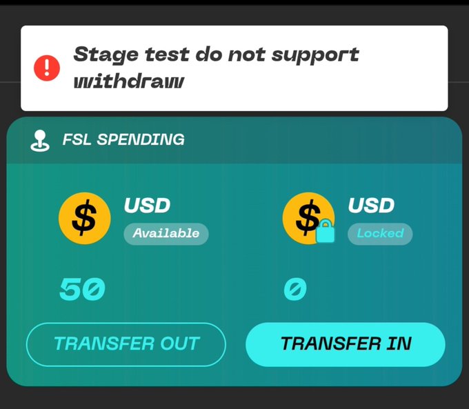 A digital wallet interface showing 'FSL SPENDING' with 50 USD available and 0 USD locked, featuring Transfer Out and Transfer In buttons, with a warning that 'Stage test do not support withdraw'.