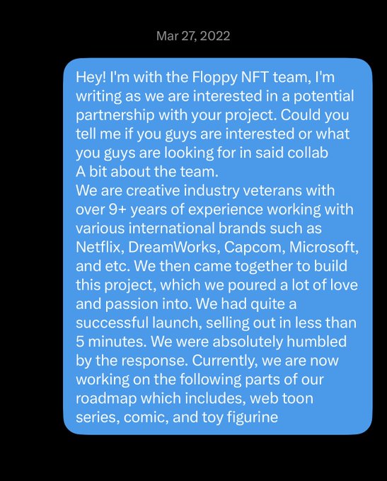 A screenshot dated March 27, 2022 shows a self-deprecating DM outreach from the "Floppy NFT" team pitching a collaboration to an unspecified project, citing their team's experience with Netflix, DreamWorks, Capcom, and Microsoft and a successful NFT launch that sold out in under 5 minutes—exemplifying the kind of cringe-worthy Web3 pitch the poster regrets sending.