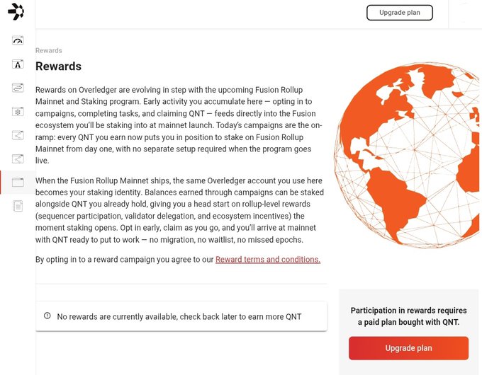 The image displays a webpage titled "Rewards" that invites users to claim QNT Quant OVR's Fusion rollup mainnet as an early positioner for a launch, offering a prize if they're able to do so. There are several rewards listed in the webpage, and it seems that the users have already claimed their rewards through filling out some forms on the site or possibly through social media. The overall impression is of an ongoing program where users can participate by claiming QNT Quant OVR's Fusion rollup mainnet for a stable QFT rollup once the fusion process is complete.