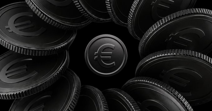 A stack of black euro coins is arranged in a circular pattern with one coin centered, symbolizing the deposit-based rewards and €10 minimum deposit requirement highlighted in the post. The dark, sleek coin design reinforces the modern, transparent, and no-trading nature of the OKX promotion.