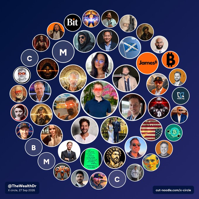 A circular graphic titled 'X circle' showing numerous profile pictures arranged in a ring, including crypto-related figures and handles like @TheWealthDr, with letters 'B', 'C', 'M' representing Bitcoin, Crypto, and More.