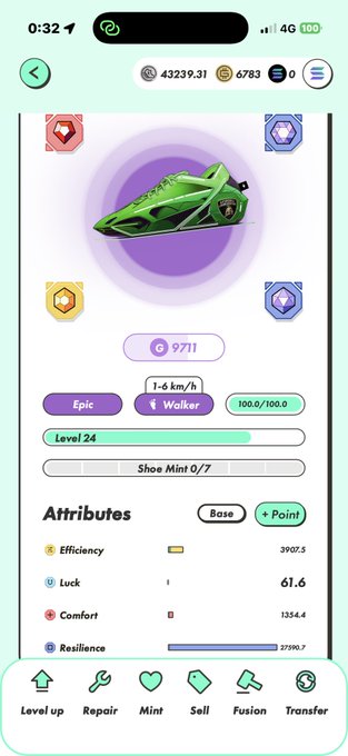 The image shows a StepN app screen displaying an Epic-level Walker shoe (Level 24) with a green sneaker, mint count of 9711, and attributes showing Resilience (R) at 27190.7, Comfort (C) at 1354.4, Efficiency (E) at 3907.5, and Luck (L) at 61.6. The post reflects the user's frustration that after fusing shoes to raise Resilience (R), only Luck (L) increased significantly instead, which aligns with the visible low Luck stat highlighted in the attributes list.