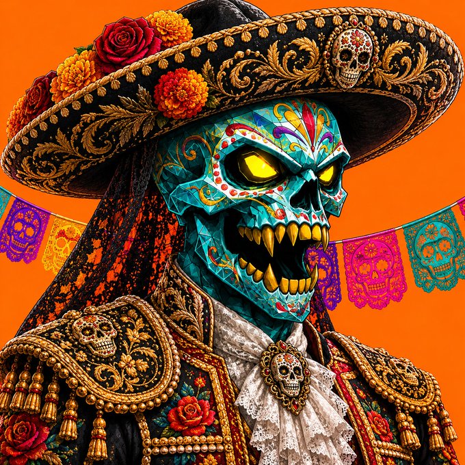 A vibrant Day of the Dead artwork features a turquoise sugar skull with glowing yellow eyes and golden fangs, wearing an ornate black sombrero decorated with roses and skulls, set against an orange background with papel picado banners.