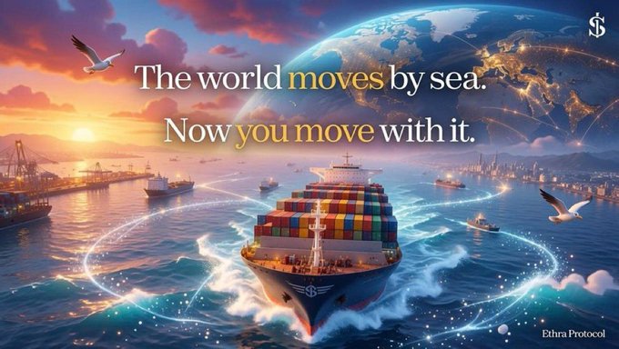 A promotional banner for Ethra Protocol featuring a large container ship sailing on the ocean toward a glowing Earth, with the tagline 'The world moves by sea. Now you move with it.'