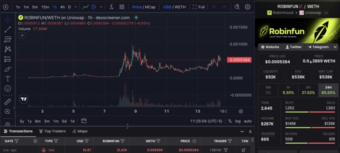 A DexScreener chart for the ROBINFUN/WETH trading pair on Uniswap, showing a price of 0.0005384 WETH and a 24H volume of 17.344K, with the Robinfun token details listed on the right.
