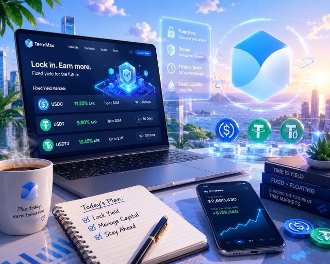 A promotional image for a 'TermMax' crypto platform displaying a laptop with 'Lock in. Earn more. Fixed yield for the future', showing yields for USDC (11.25% APR), USDT (9.80% APR), and USDT0 (10.45% APR), alongside a phone, notebook, and coffee mug.