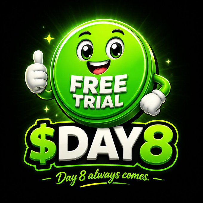 A promotional graphic featuring a green cartoon coin giving a thumbs up, advertising a 'FREE TRIAL' with the text '$DAY8' and 'Day 8 always comes.'