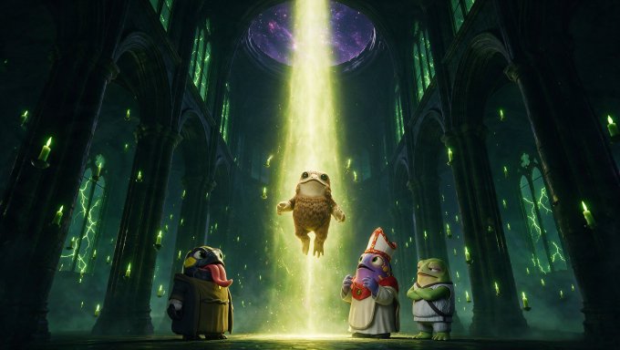 A whimsical digital artwork depicting four anthropomorphic toads in a dark gothic cathedral, with one toad levitating in a bright beam of green light descending from a starry portal above.