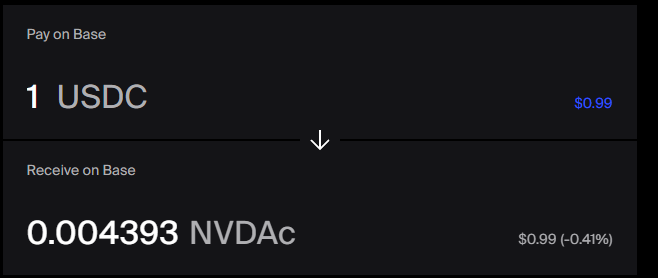 The image shows a 1inch swap interface displaying the conversion of 1 USDC into 0.004393 NVDAc on Base, with both valued at approximately $0.99, illustrating how tokenized equities like NVDAc are now tradable onchain like any other token through the 1inch platform on Coinbase's Base network.