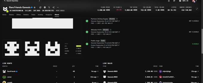 An NFT marketplace page for 'Rare Friends Genesis' showing floor price stats, mints, and live sales including 'Genesis #002' sold for 2,190.00 USDC.