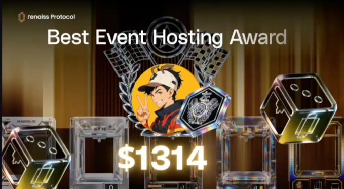 The image displays a "Best Event Hosting Award" graphic from renaiss Protocol, featuring a character wearing a cap with a peace sign, alongside the amount "$1314" highlighted in bold text, presented on a stage-like setting with cube-shaped awards.

The image appears to be a celebratory announcement from renaiss Protocol recognizing the recipient for outstanding event hosting, likely tied to their recent AMA session where they received an unexpected surprise gift as noted in the accompanying post.