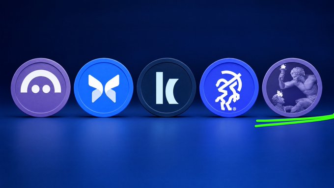 Five circular cryptocurrency tokens displayed on a dark blue background, including logos for Polkadot, Kyber (K), and a purple coin featuring a statue of a figure holding a torch.