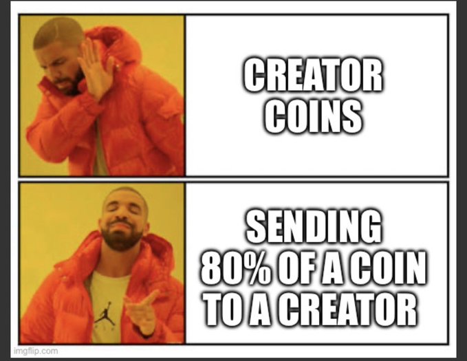 A two-panel Drake meme rejecting "CREATOR COINS" but approving "SENDING 80% OF A COIN TO A CREATOR," humorously highlighting users' preference for supporting creators with small amounts over investing in creator-specific cryptocurrencies.