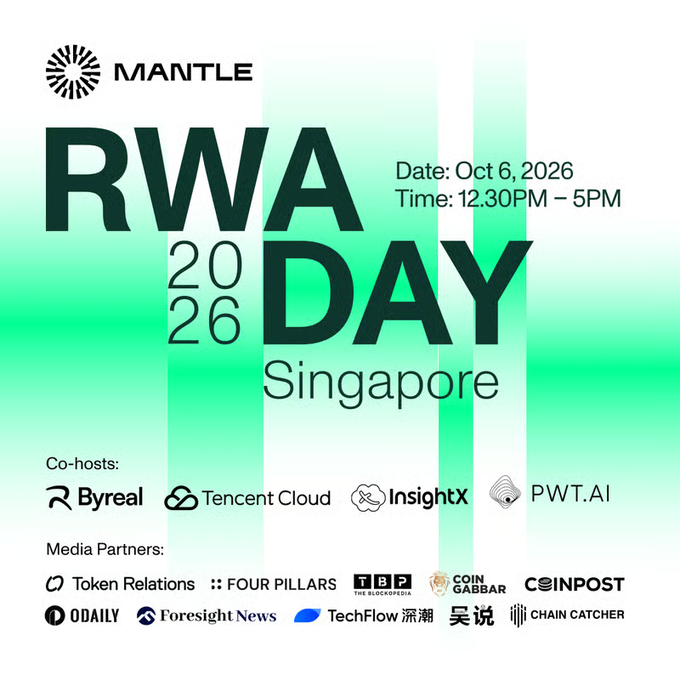 A promotional poster for 'MANTLE RWA DAY 2026 Singapore' on October 6, 2026, from 12:30PM to 5PM, listing co-hosts Byreal, Tencent Cloud, InsightX, and PWT.AI, along with multiple media partners.