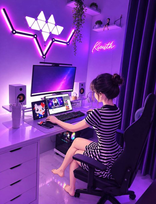 An anime-style digital illustration of a young woman with a hair bun sitting barefoot at a gaming desk with a monitor and laptop, illuminated by purple and pink neon lights in a room with geometric wall lights and a 'Kiouth' neon sign.