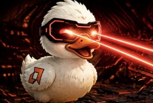 An AI-generated or digital illustration of a white duck wearing glowing red futuristic goggles that shoot red laser beams.