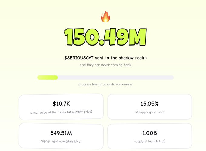A graphic displaying '150.49M' with a fire emoji reads '$SERIOUSCAT sent to the shadow realm' and shows metrics including '$10.7K street value of the ashes' and '15.05% of supply gone.'