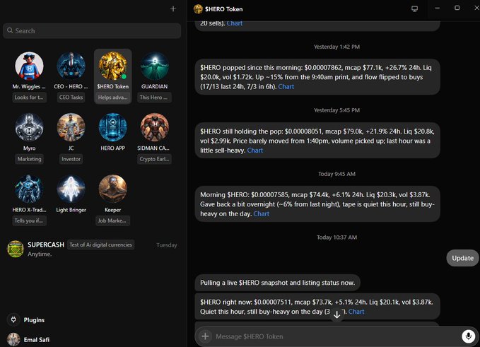 A Discord interface showing a 'HERO Token' channel with multiple chat updates discussing $HERO price movements, market cap, and trading volume, alongside a list of server members on the left.