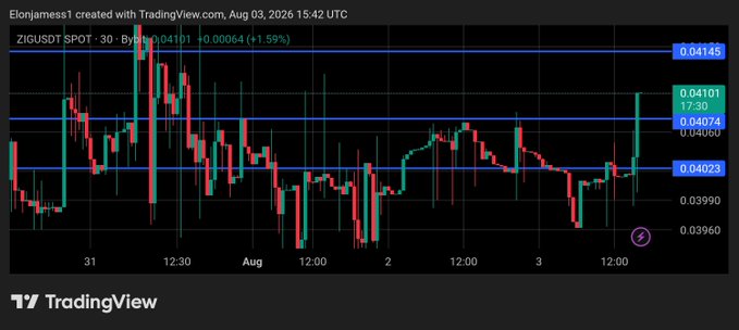 A TradingView candlestick chart for ZIGUSDT SPOT showing a price around 0.04101 with a 1.59% increase, created by user Elonjamess1 on Aug 03, 2026.