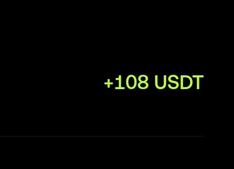A simple graphic displaying '+108 USDT' in green text on a black background, with a loading bar at the bottom.