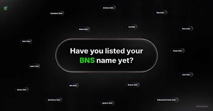 A dark web interface asking 'Have you listed your BNS name yet?' in a central highlighted box, with various domain name options like 'sandstorm.bnb' and 'sports.bnb' floating around it, branded as 'BNS Domain Hub.'