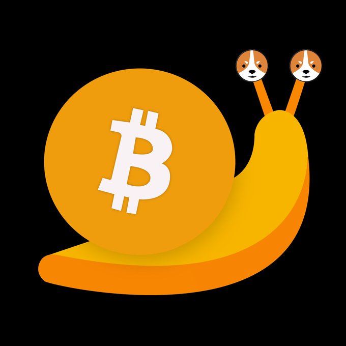 Digital logo/artwork featuring a stylized orange Bitcoin coin on a snail-like yellow and orange shell with two basset hound dog face antennae, set against a black background.