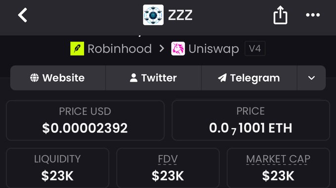 A cryptocurrency tracking app screen showing a token 'Z22' bridged via Robinhood to Uniswap V4, with a price of $0.00002392, 0.0_1001 ETH, and $23K liquidity/FDV/market cap.