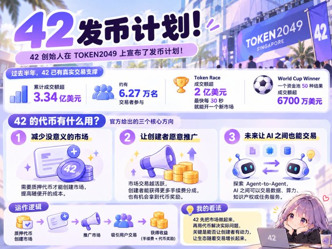 A Chinese-language infographic titled "42 发币计划!" (42 Token Issuance Plan!) detailing the TOKEN2049 Singapore event, including trading volume figures ($334 million), participants (62,700), and three core purposes for the 42 token.