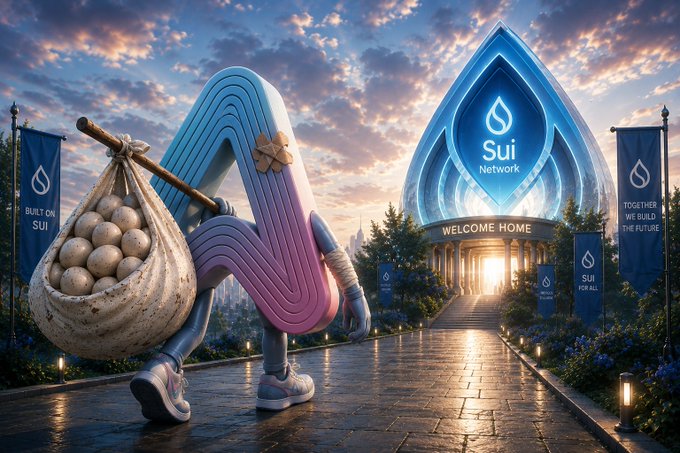 A stylized illustration featuring the Sui Network logo and branding on banners and a large building labeled 'WELCOME HOME', with a character carrying a sack of stones walking down a path.
