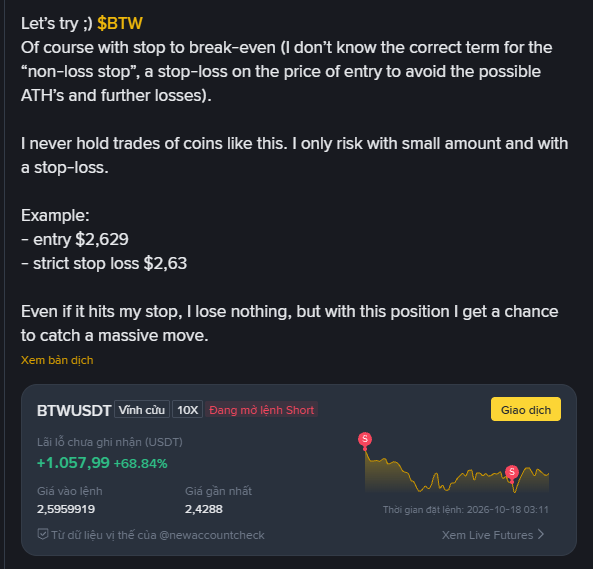 A trading discussion about $BTW cryptocurrency showing a +68.84% profit ($1,057.99) on BTWUSDT perpetual futures.