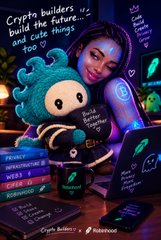 An illustrated promotional image featuring a girl with purple hair alongside a cute teal robot character holding a coffee cup, with text promoting Crypto, Infra/Web3, and Stablecoin infrastructure built on Polkadot.