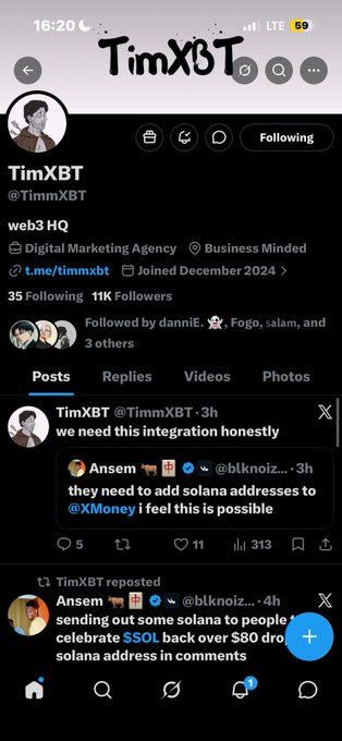 A Twitter/X profile page for @TimmXBT (Tim XBT), a web3 digital marketing agency with 11K followers, showing posts about Solana integration with XMoney.